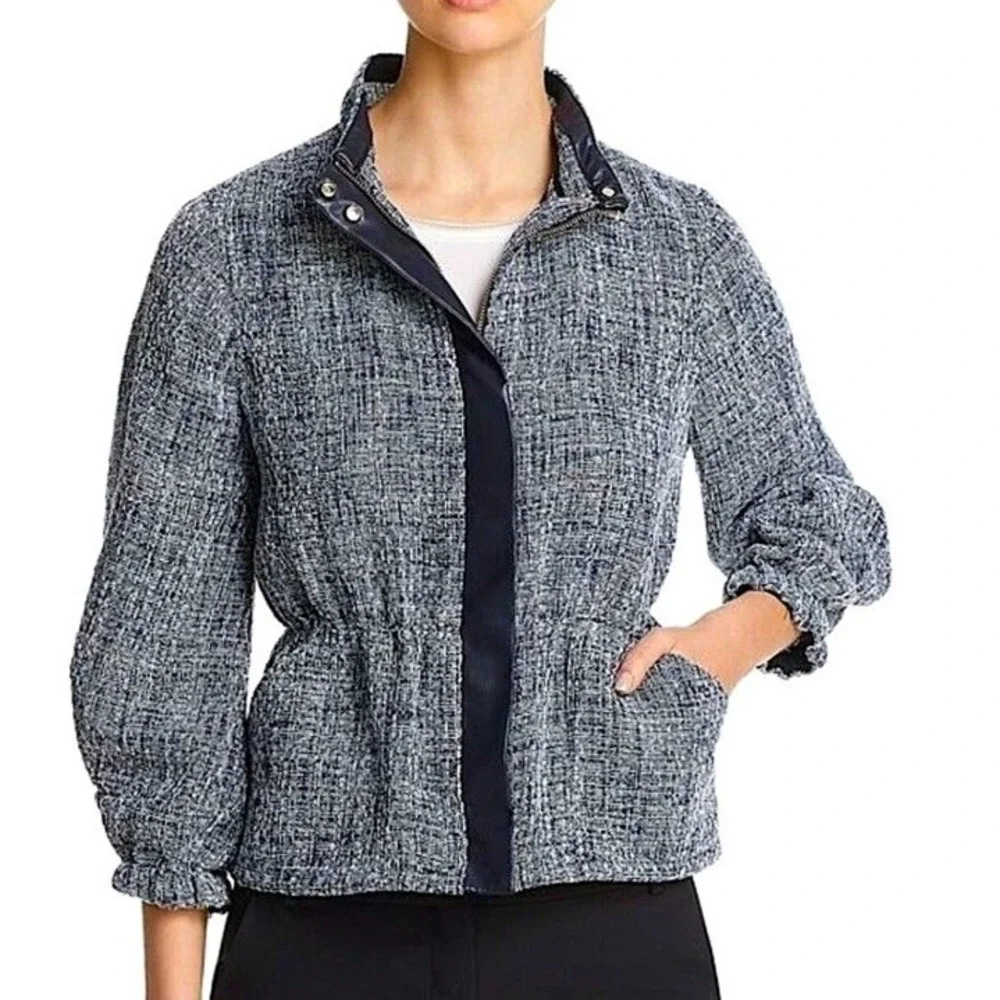 DONNA KARAN BLACK LABEL Tweed Peplum Jacket Zip Up Navy Blue‎ Medium